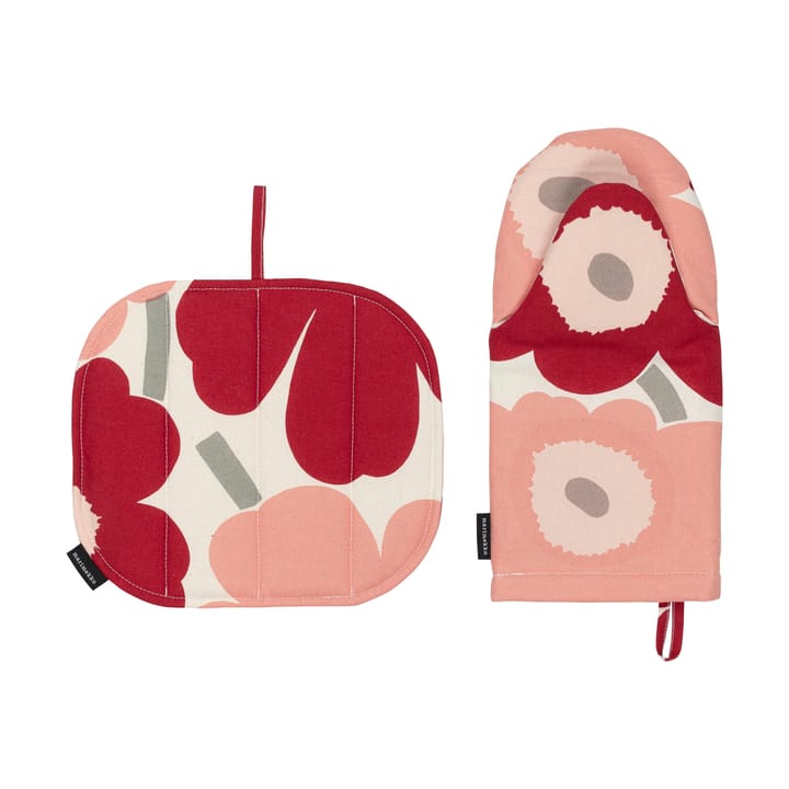 Pieni Unikko grytavante + grytlapp 2 delar, Cotton-dark cherry-rose Marimekko