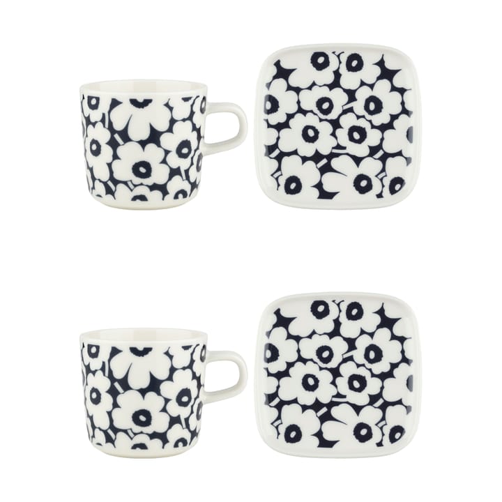 Pikkuinen Unikko kopp och fat set 20 cl 4 delar, Dark blue-white Marimekko