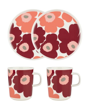 Marimekko Unikko frukostset White-dark cherry-salmon red