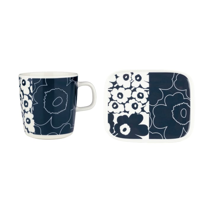 Unikko kollaasi bricka + mugg 2 delar, White-dark blue Marimekko