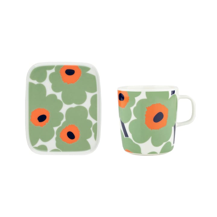 Unikko mugg 40 cl + tallrik 12x15 cm, White-sage-orange-dark blue Marimekko